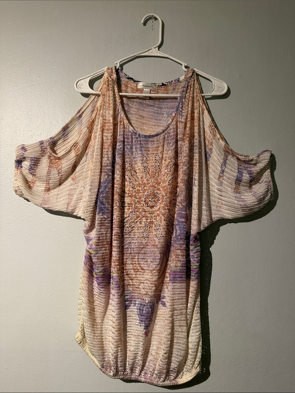dressbarn Cream Knit Cold-Shoulder Tunic with Purple Accents
